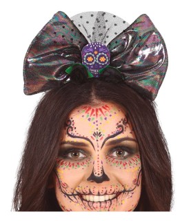 DIADEMA LAZO CALAVERA Y ROSA NEGRA
